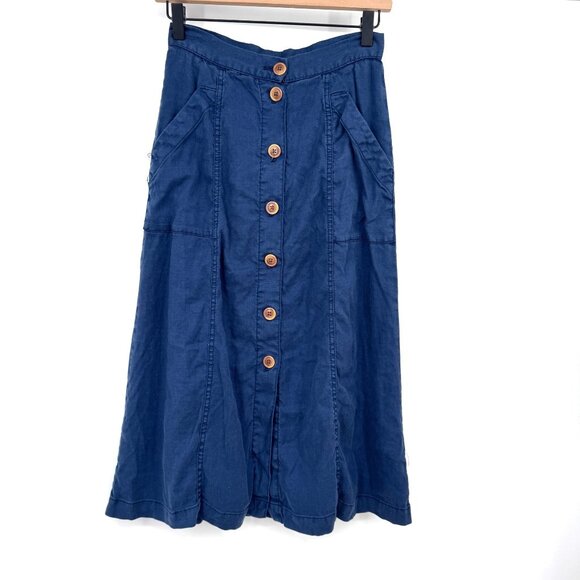 Anthropologie Akemi + Kin Blue Button Down Skirt A line lined pockets woman’s si - Picture 1 of 16